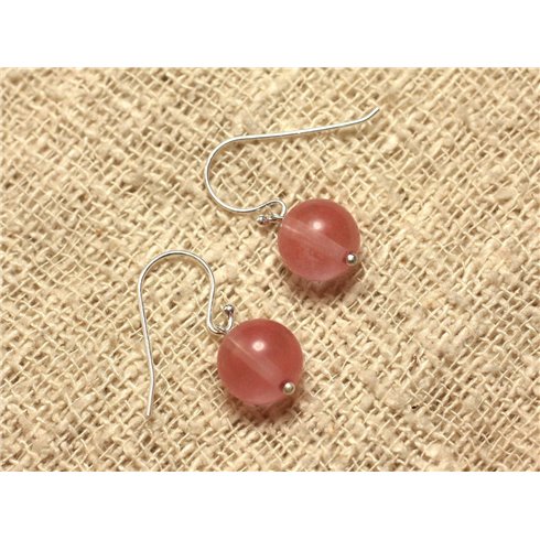 Boucles d'Oreilles Argent 925 et Pierre - Quartz Cerise 10mm