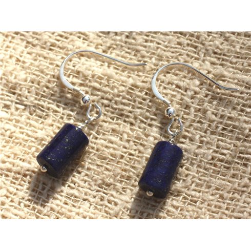 Boucles d'Oreilles Argent 925 et Lapis Lazuli Colonnes 12x6mm 