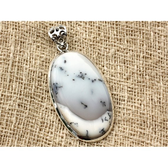 n18 - Pendentif Argent 925 et Agate Dendritique Ovale 40x23mm 