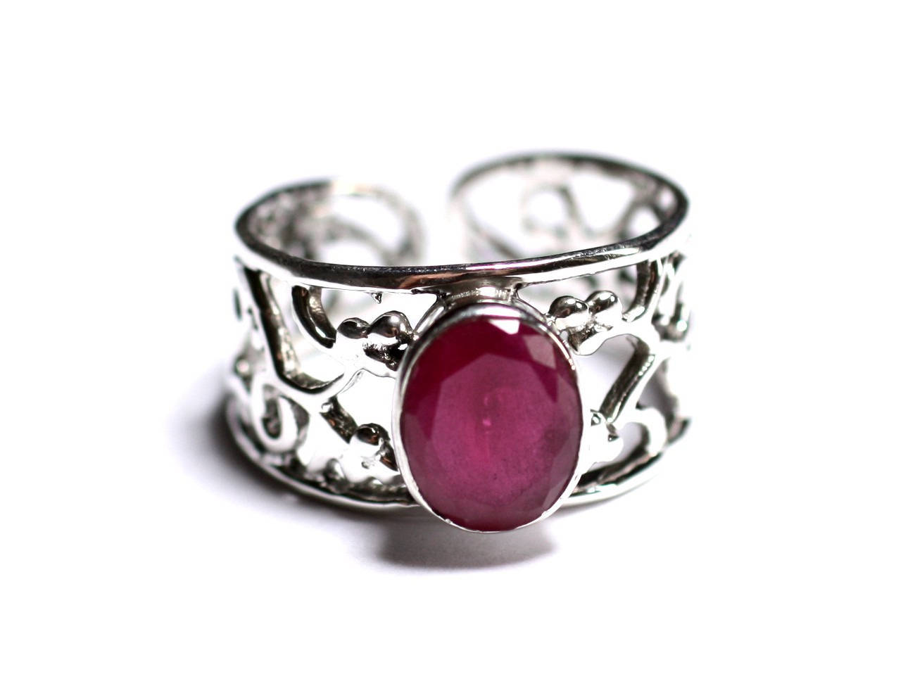 N224 - Bague Argent 925 et Pierre - Rubis Ovale Facetté 9x7mm 
