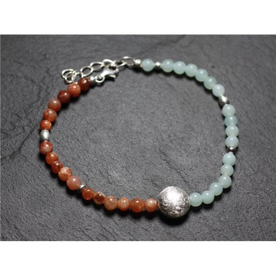 Bracelet Argent 925 et Pierres - Amazonite et Pierre de Soleil rondes 4mm 