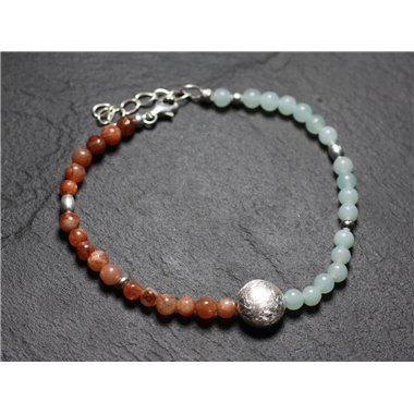 Bracelet Argent 925 et Pierres - Amazonite et Pierre de Soleil rondes 4mm 