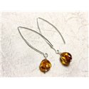 Boucles d'oreilles argent 925 Longs crochets et Ambre naturelle Olives 9-10mm 