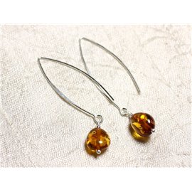 925 silver earrings Long hooks and natural Amber Olives 9-10mm 