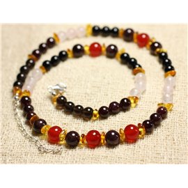 925 Silver Necklace Amber and Carnelian Stones, Garnet, Rose Quartz, Smoky Quartz, Black Tourmaline 