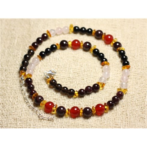 Collier Argent 925 Ambre et Pierres Cornaline, Grenat, Quartz Rose, Quartz Fumé, Tourmaline noire