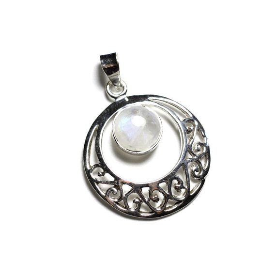 PE118 - Pendentif Argent 925 et Pierre - Cercle Arabesques 27mm Pierre de Lune 