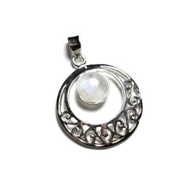 PE118 - Pendentif Argent 925 et Pierre - Cercle Arabesques 27mm Pierre de Lune 