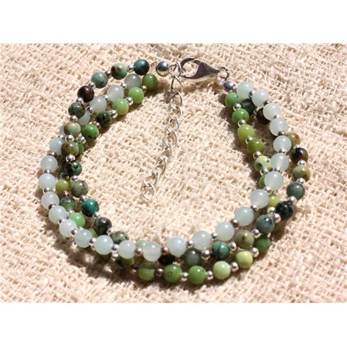 Bracelet Argent 925 et trio de Pierres - Chrysoprase Turquoise d'Afrique Amazonite 4mm 