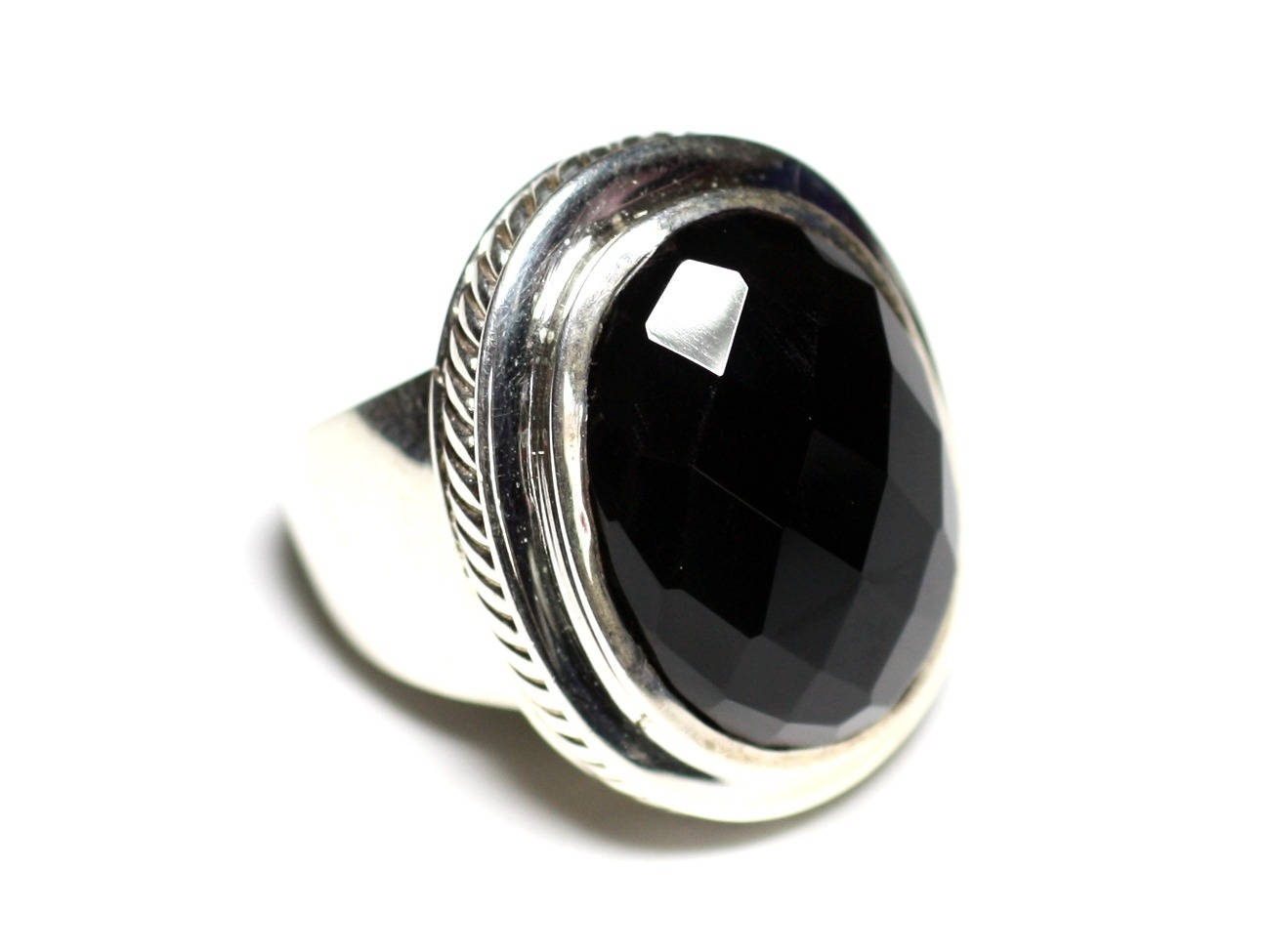 N117 - Bague Argent 925 et Onyx Noir Ovale facetté 20x15mm 