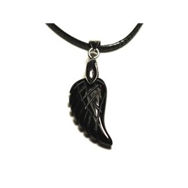 Stone Pendant Necklace - Engraved Wing 24mm Black Agate 