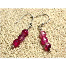 925 Silver Earrings - Faceted Fuchsia Pink Agate 6mm 
