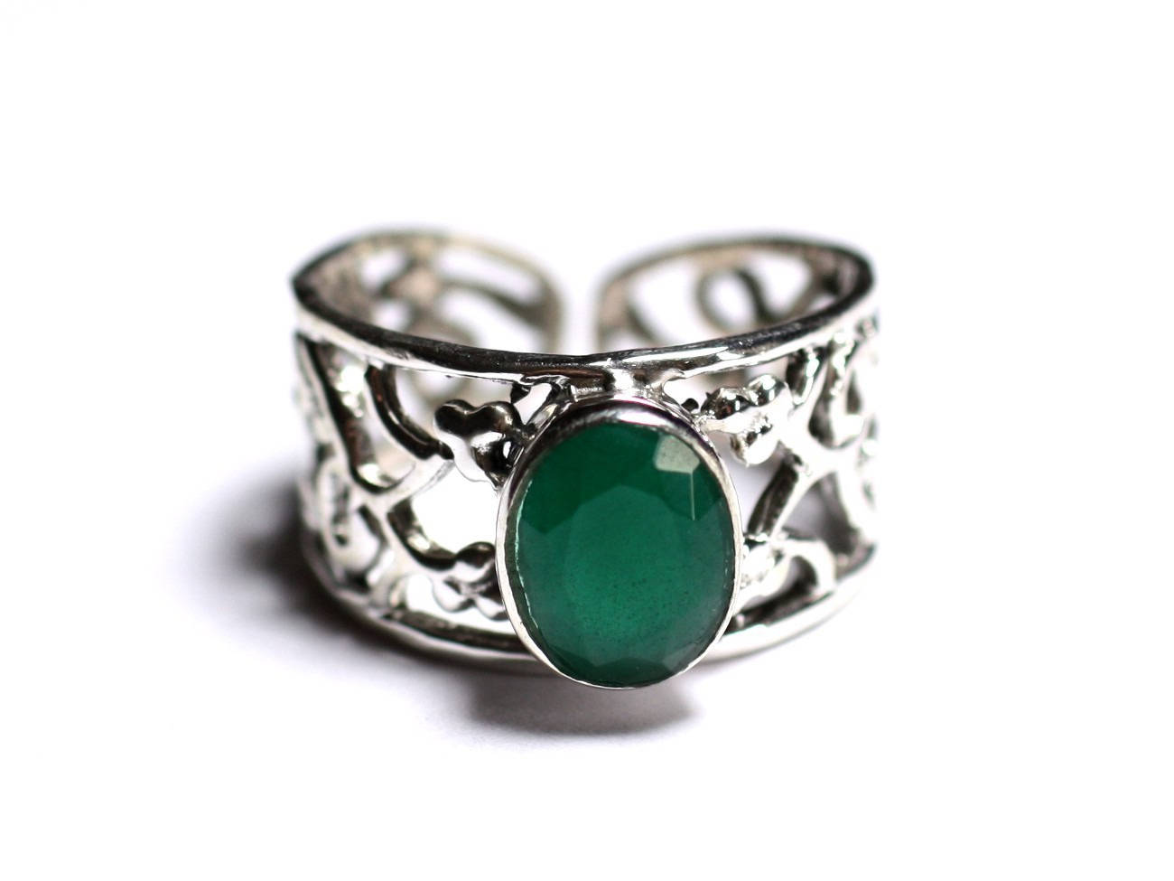 N224 - Bague Argent 925 et Pierre - Emeraude Facettée Ovale 9x7mm 