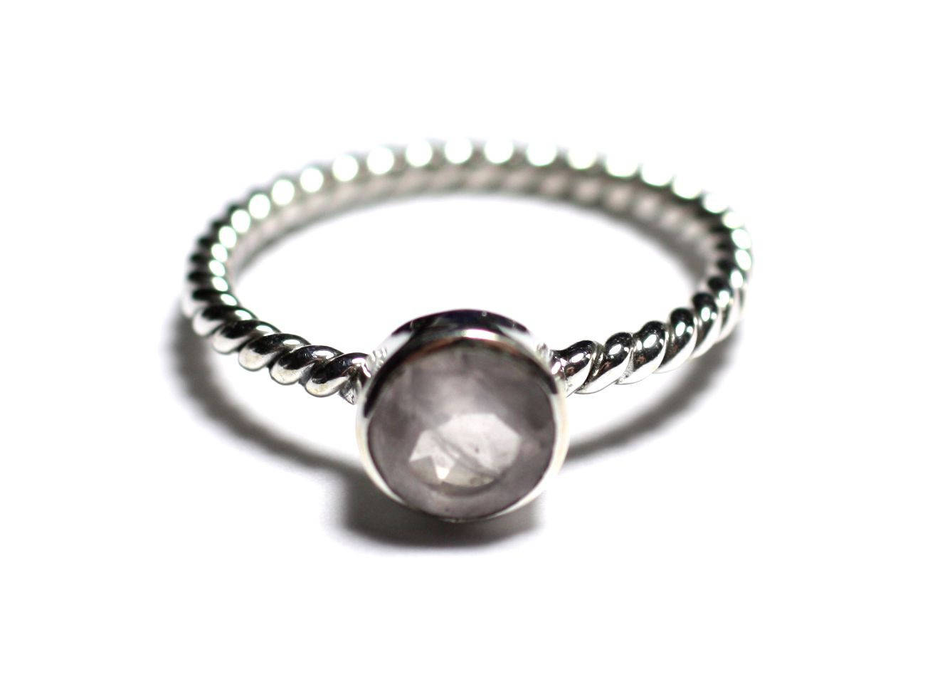N231 - Bague Argent 925 et Pierre - Quartz Rose Facetté 6mm Anneau torsade 