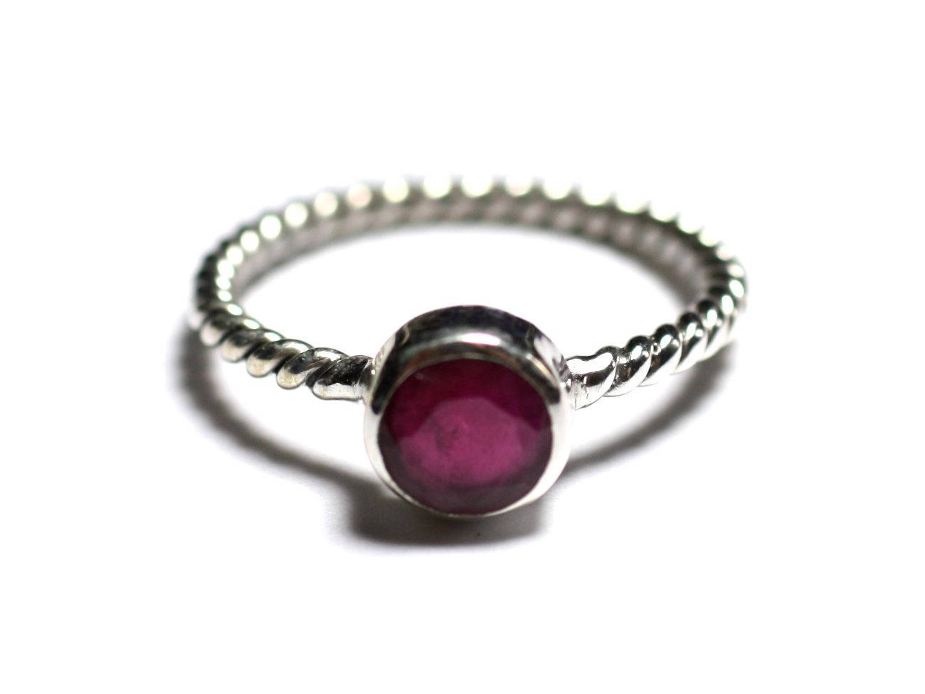 N231 - Bague Argent 925 et Pierre - Rubis 6mm Anneau torsade 