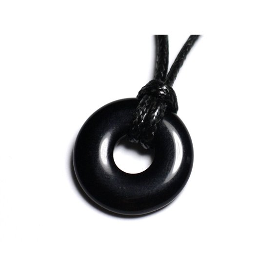 Collier Pendentif Pierre - Obsidienne noire Rond Cercle Donut Pi 20mm Noir