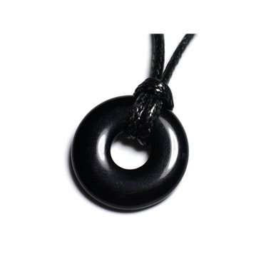 Collier Pendentif Pierre - Obsidienne noire Rond Cercle Donut Pi 20mm Noir