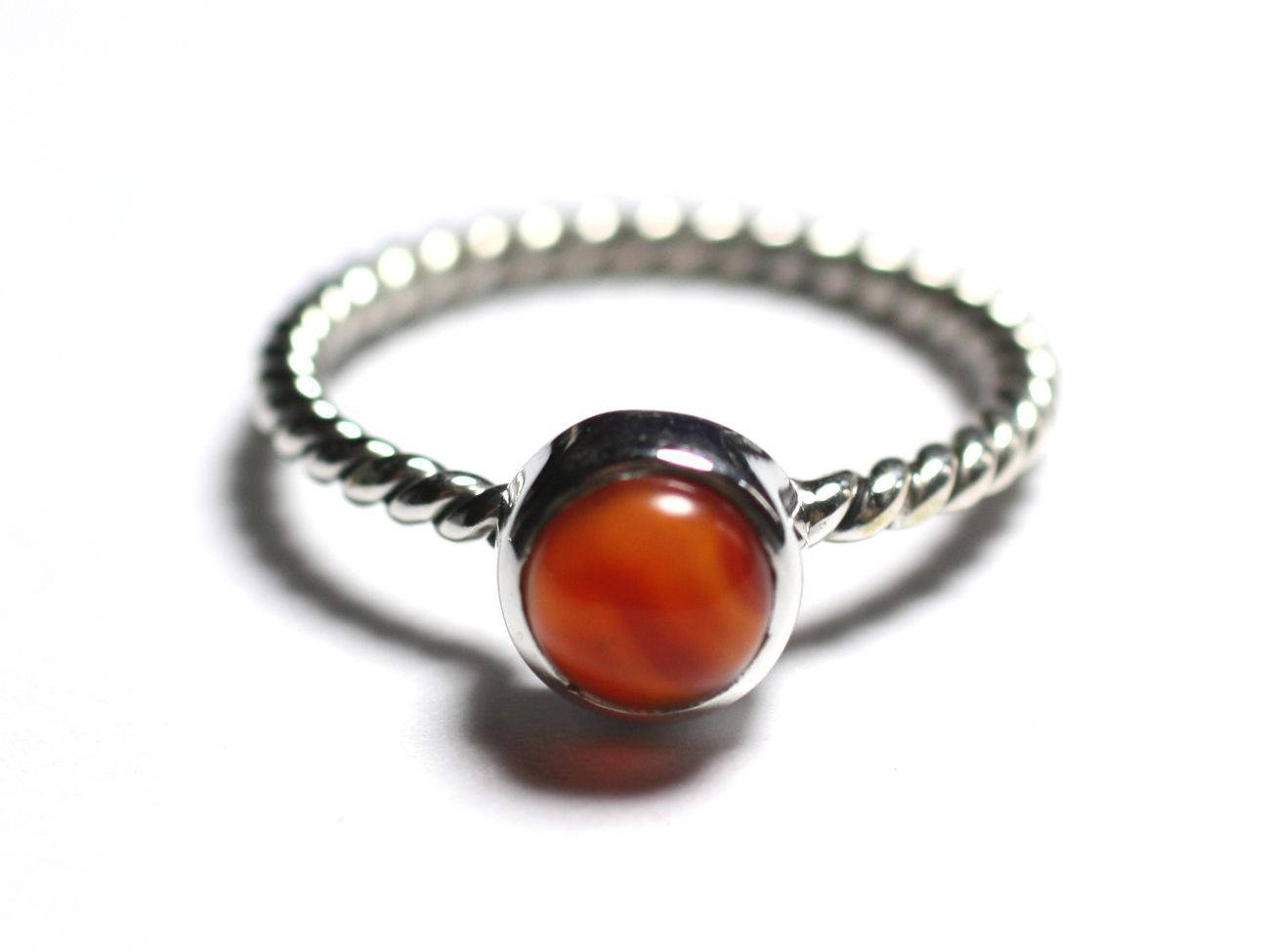 N231 - Bague Argent 925 et Pierre - Cornaline 6mm Anneau torsade 