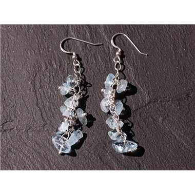 Boucles oreilles pendantes Argent 925 chaine et Pierre Aigue Marine chips bleu ciel clair