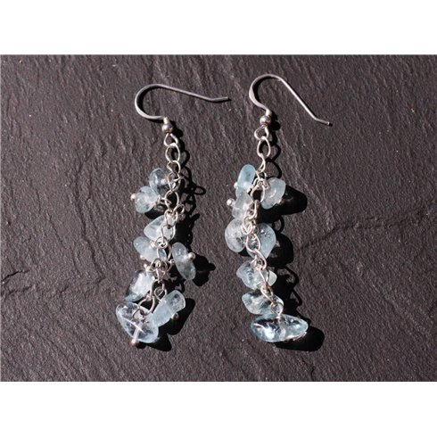 Boucles oreilles pendantes Argent 925 chaine et Pierre Aigue Marine chips bleu ciel clair