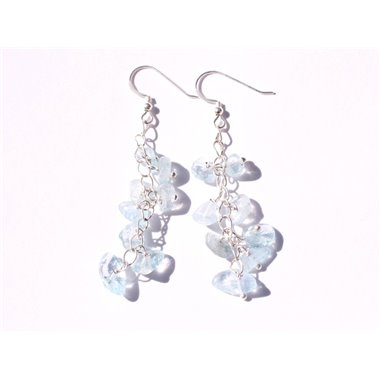 Boucles oreilles pendantes Argent 925 chaine et Pierre Aigue Marine chips bleu ciel clair