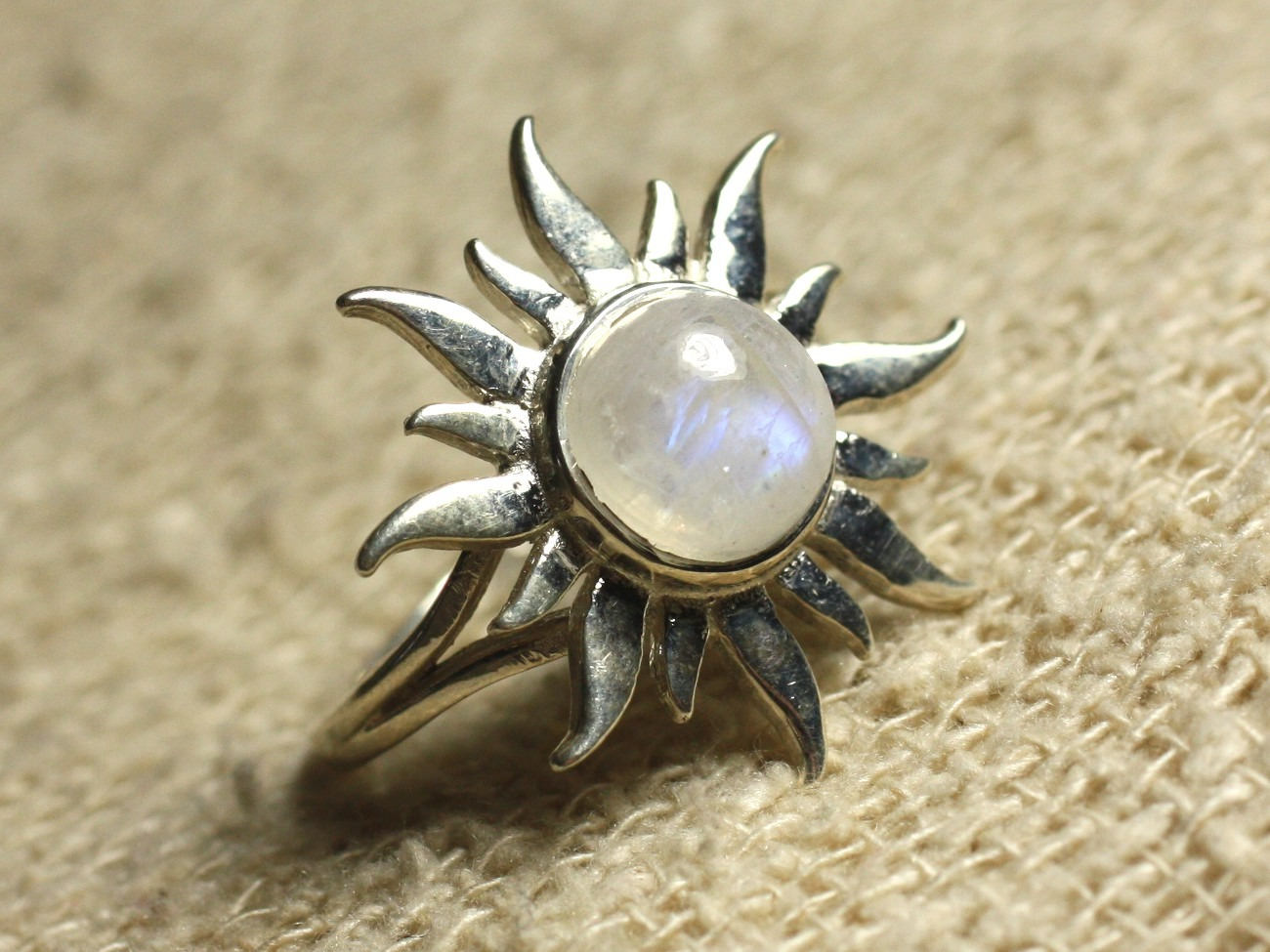 N349 - Bague Argent 925 et Pierre semi précieuse Soleil - Pierre de Lune 8mm 