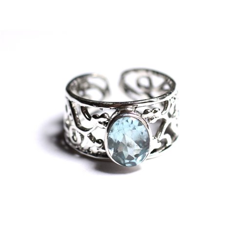 N224 - Bague Argent 925 et Pierre - Topaze Bleue Ovale Facetté 9x7mm 