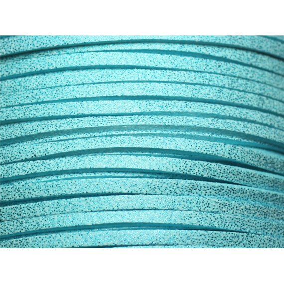 Bobine 90 metres env - Cordon Laniere Suedine Daim 3mm Bleu Turquoise Pailleté Scintillant