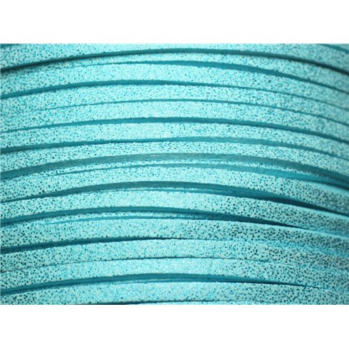 Bobine 90 mètres - Cordon Lanière Suédine 3x1.5mm Bleu Turquoise Pailleté Scintillant