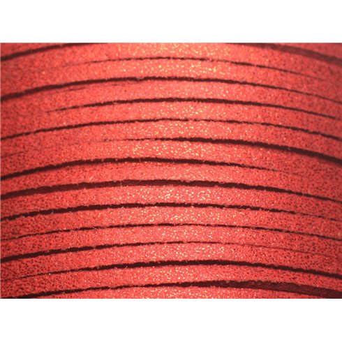 Bobine 90 metres env - Cordon Laniere Suedine Daim 3mm Rouge Cerise Pailleté Scintillant