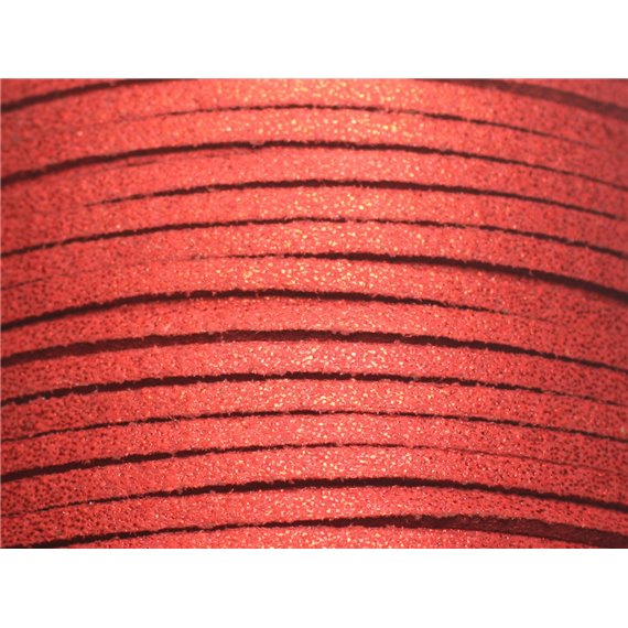 4 metres - Cordon Laniere Suedine Daim 3mm Rouge Cerise Pailleté Scintillant - 8741140022980