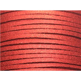 4 meter - Suede Lanyard Koord 3x1.5mm Cherry Red Sparkling Glitter - 8741140022980