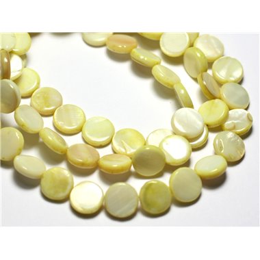 Fil 39cm 39pc env - Perles Nacre Naturelle Palets 10mm Jaune clair pastel irisé