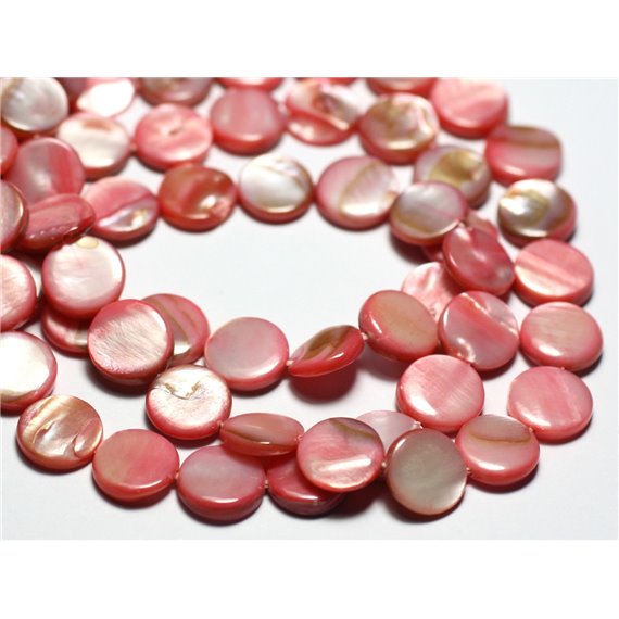 Fil 39cm 39pc env - Perles Nacre Naturelle Palets 10mm Rose clair Corail pastel irisé