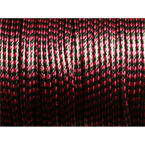 Bobine 90 mètres - Fil Cordon Coton Ciré 2mm Bicolore Noir Rouge Rose