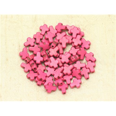 Fil 39cm 38pc env - Perles Pierre Turquoise Synthèse Reconstituée Croix 10x8mm Rose Fluo