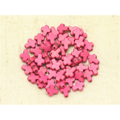 Fil 39cm 38pc env - Perles Pierre Turquoise Synthèse Reconstituée Croix 10x8mm Rose Fluo