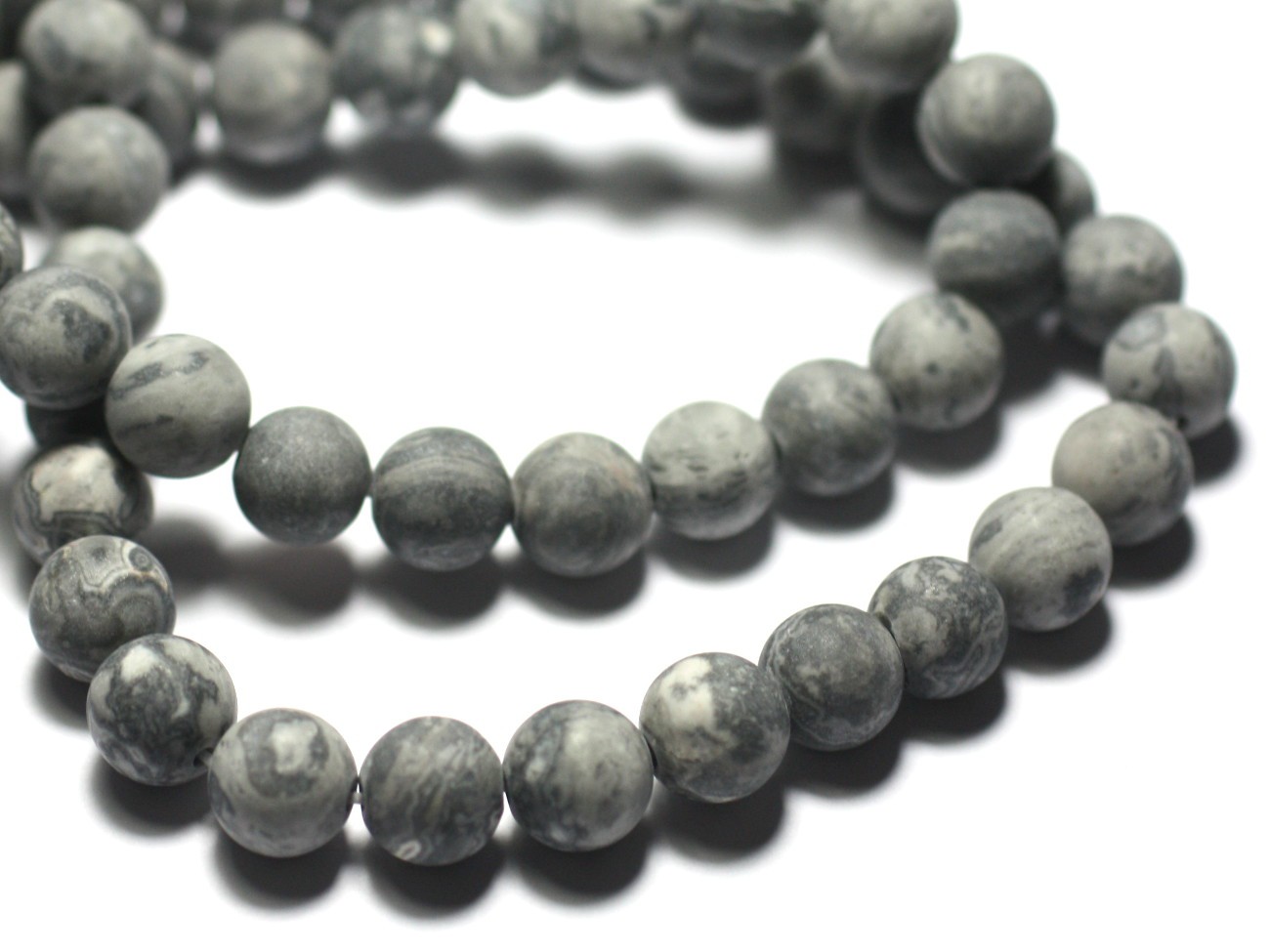 10pc - Perles de Pierre - Jaspe Paysage Gris Noir Mat Sablé Givré Boules 8mm - 8741140028784