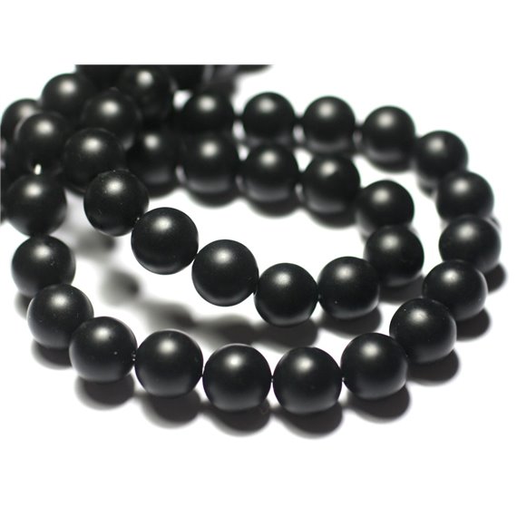 Fil 39cm 93pc env - Perles Pierre - Onyx noir Boules 4mm mat sablé givré ciré