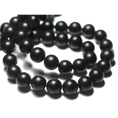 Fil 39cm 93pc env - Perles de Pierre - Onyx noir mat sablé givré ciré Boules 4mm