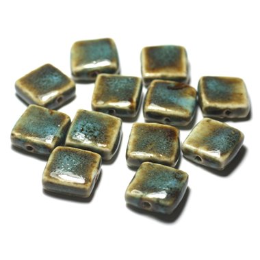 5pc - Perles Céramique Porcelaine Carrés 16-18mm Bleu Turquoise tacheté - 8741140027763