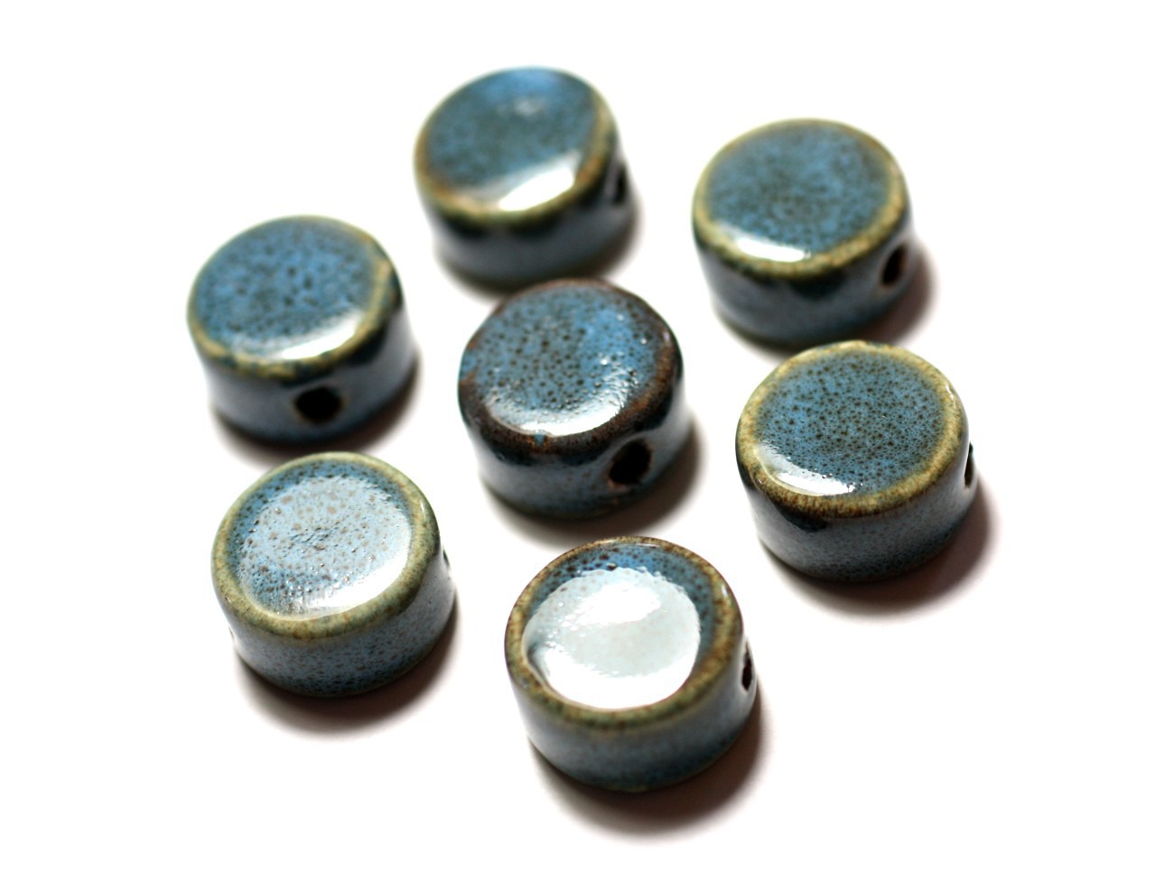10pc - Perles Porcelaine Céramique Palets 8mm Bleu Turquoise Tacheté - 8741140029880