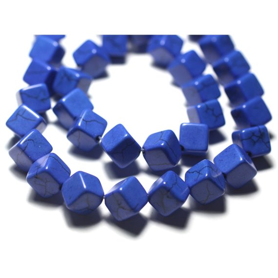 Fil 39cm 34pc env - Perles Turquoise synthèse Cubes 8x8mm Bleu Nuit