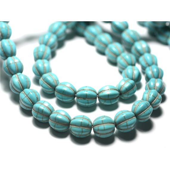 Fil 39cm 39pc env - Perles Turquoise synthèse Boules Fleurs 9-10mm Bleu Turquoise