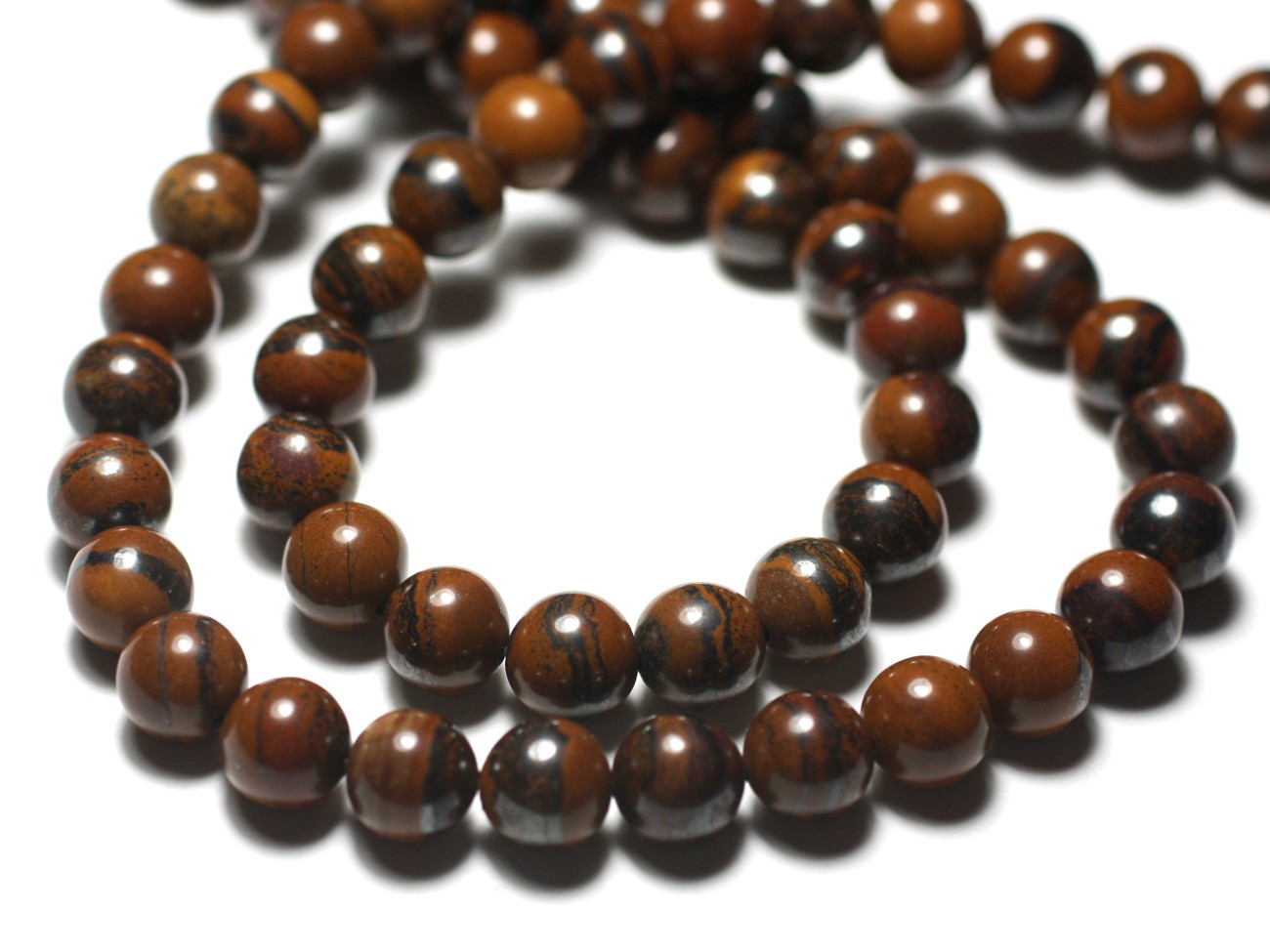 Fil 39cm 49pc env - Perles de Pierre - Oeil de Fer Marron Boules 8mm