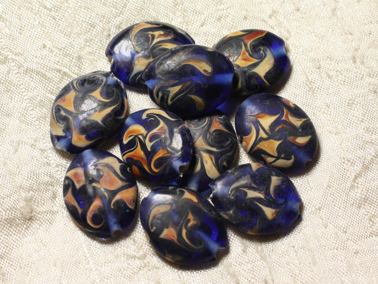 4pc - Perles en Verre Ovales 25x20mm Bleu nuit jaune orange - 7427039730013