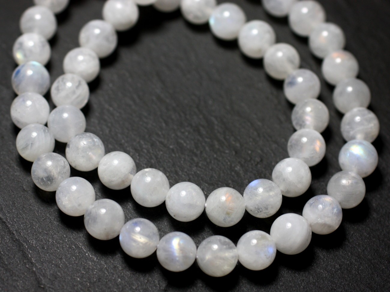 Fil 39cm 38pc env - Perles de Pierre - Pierre de Lune blanche arc en ciel A Boules 10mm