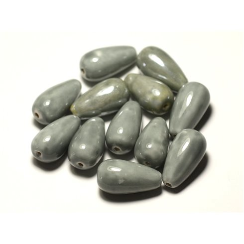 6pc - Perles Céramique Porcelaine Gouttes 21mm Gris Souris - 8741140017177