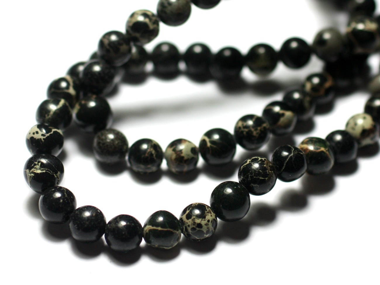Fil 39cm 63pc env - Perles de Pierre - Jaspe Sédimentaire Boules 6mm Noir Beige