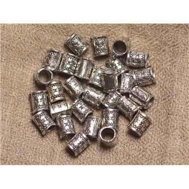 10pc - Perles Metal Argenté Tubes Cylindres Motifs Etoiles Triangles Ethnique 8mm gros trou 5mm - 7427039733977